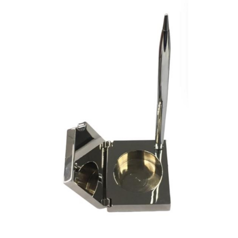 Miniature Clock Silver Plated Solid Brass Clock with Silver tone Ball Pen IMP408S - CLEARANCE NEEDS RE-BATTERY & Refill