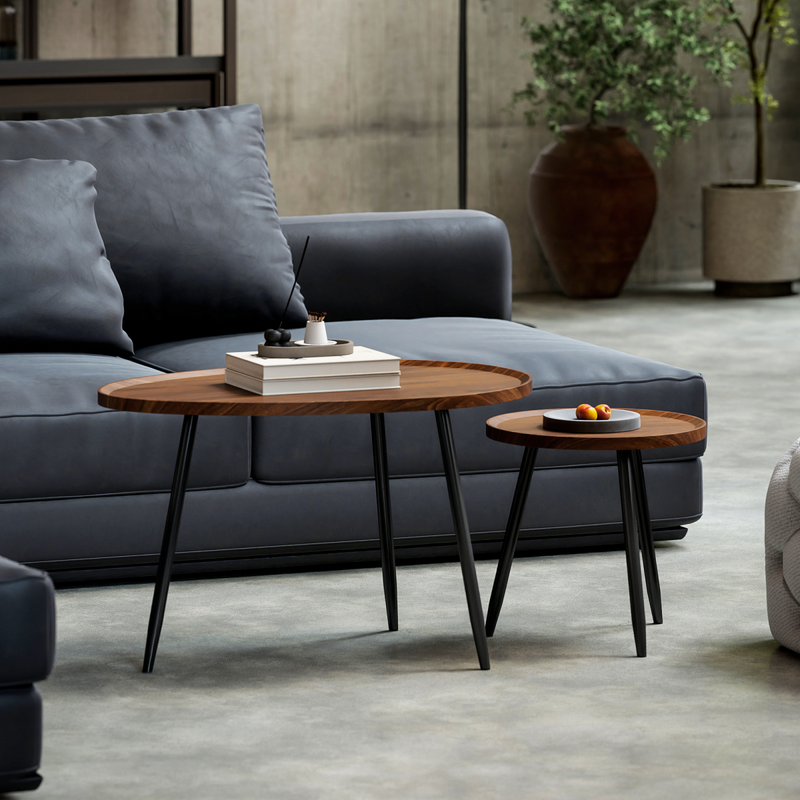 HOMCOM 2 80cm Sofa Side Table Set of 2 with Metal Legs, Chestnut Wood Effect