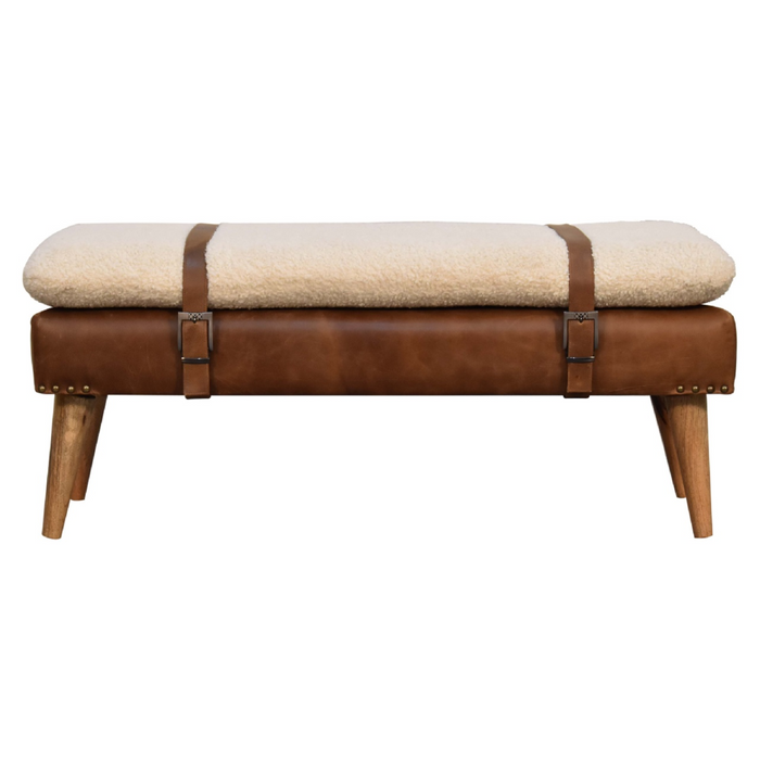 Artisan Furniture Solid Wood Boucle Buffalo Hide Leather Bench