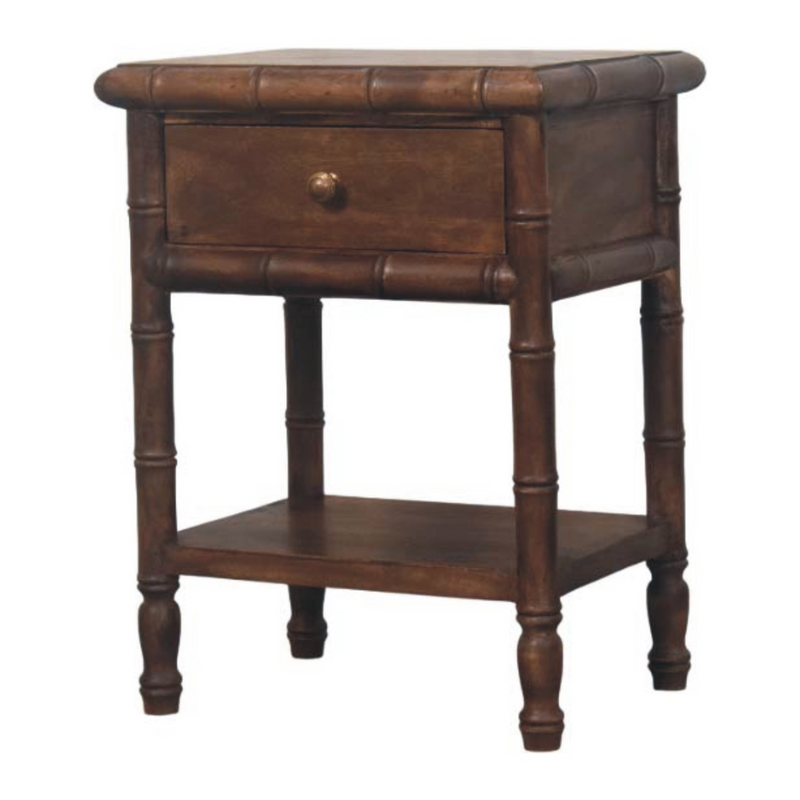 Artisan Furniture Solid Wood Bamboo Carved Bedside Table, 1 Drawer, 1 Shelf, Brown