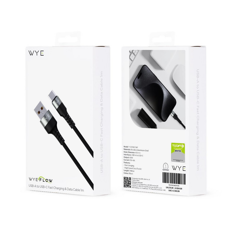 Wyeflow Braided USB-A to USB-C Fast Charging & Data Cable 1m