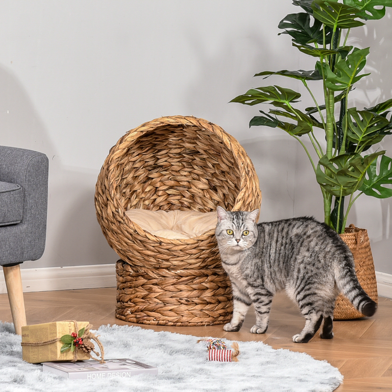 PawHut Elevated Kitten Hooded Rattan Cat House Basket Cushion, 52x42x60cm Brown