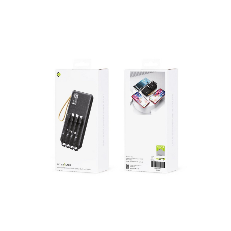 WYEFLUX 10000mAH Power Bank With 3 Built-In Cables