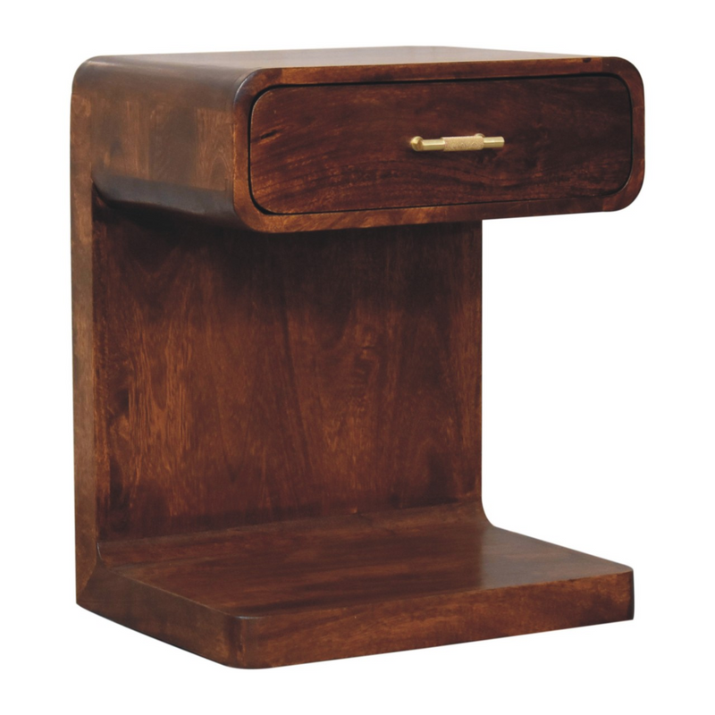 Artisan Furniture Solid Wood Chestnut T-Bar Rounded Bedside, 1 Drawer and Open Space, Dark Brown