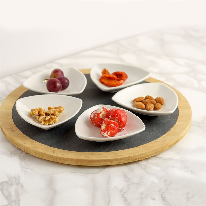 Set of 5 Ceramic Dishes with Round Slate Tray