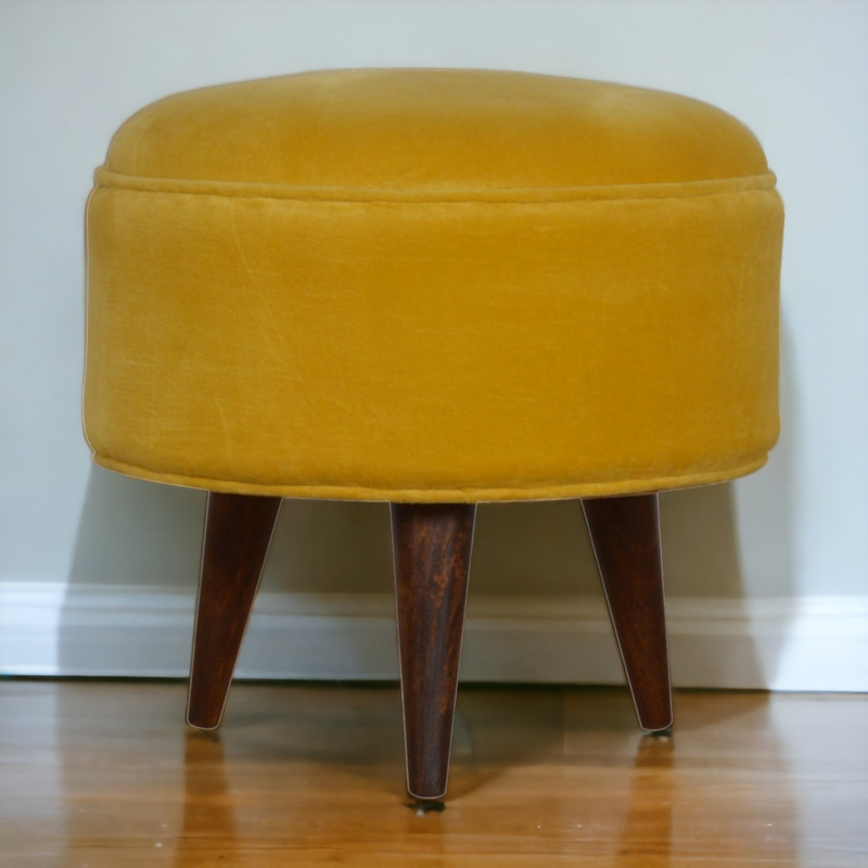 Artisan Furniture Solid Mango Wood Mustard Velvet Nordic Footstool