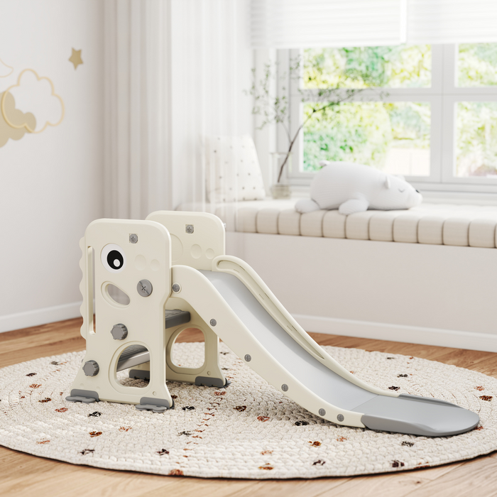 AIYAPLAY Foldable Kids Slide with Climber, Basketball Hoop, Cream White