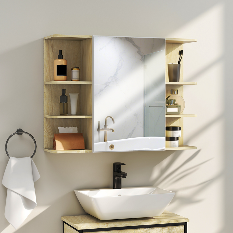 HOMCOM Bathroom Wall Cabinet with Mirror and Open Storage Shelves Natural
