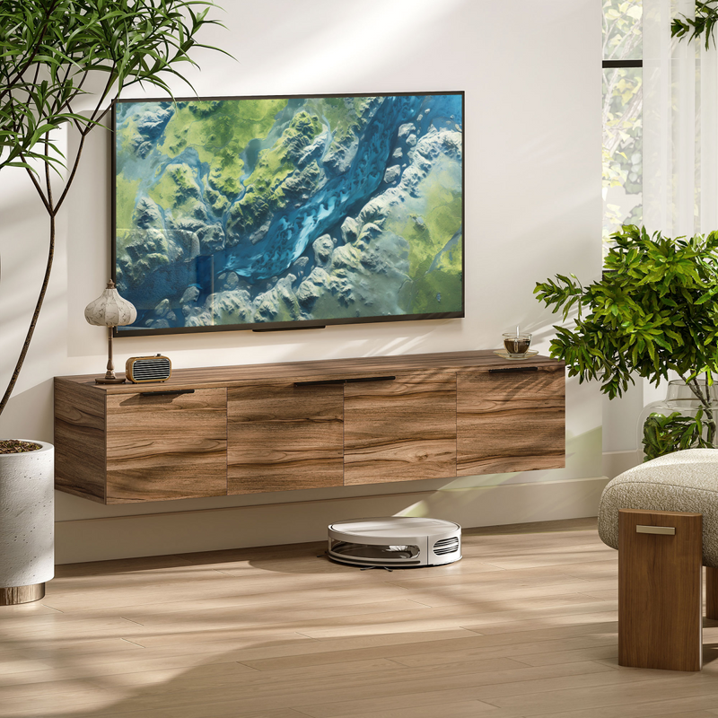HOMCOM Floating TV Stand Cabinet with Shelves and Doors, Rustic Brown
