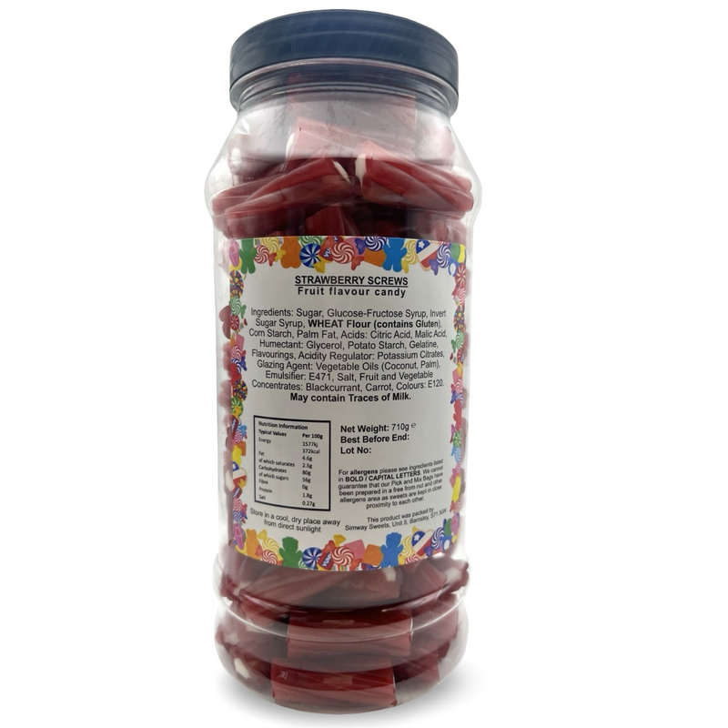 Strawberry Screws Cable Twists Mini Pencil Bites Retro Sweets Gift Jar - 710g