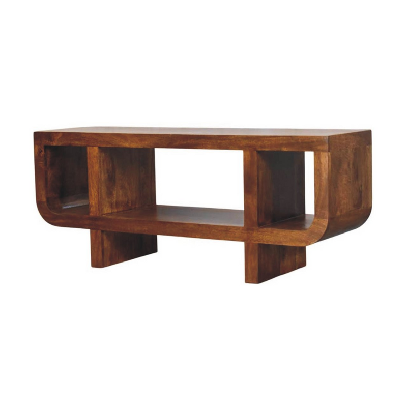 Artisan Furniture Solid Wood Orion Curved Chestnut Media Unit, 3 Open Shelves, Dark Brown