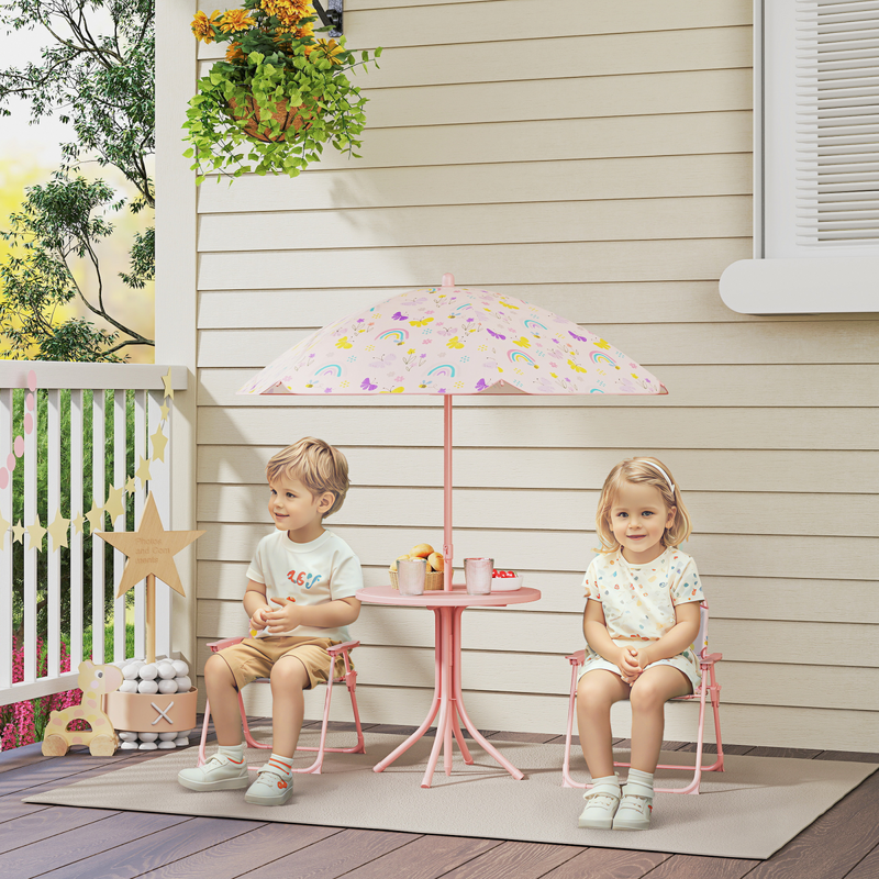 AIYAPLAY Kids Garden Table and Chair Set, Outdoor Patio Set w/ Parasol, Pink