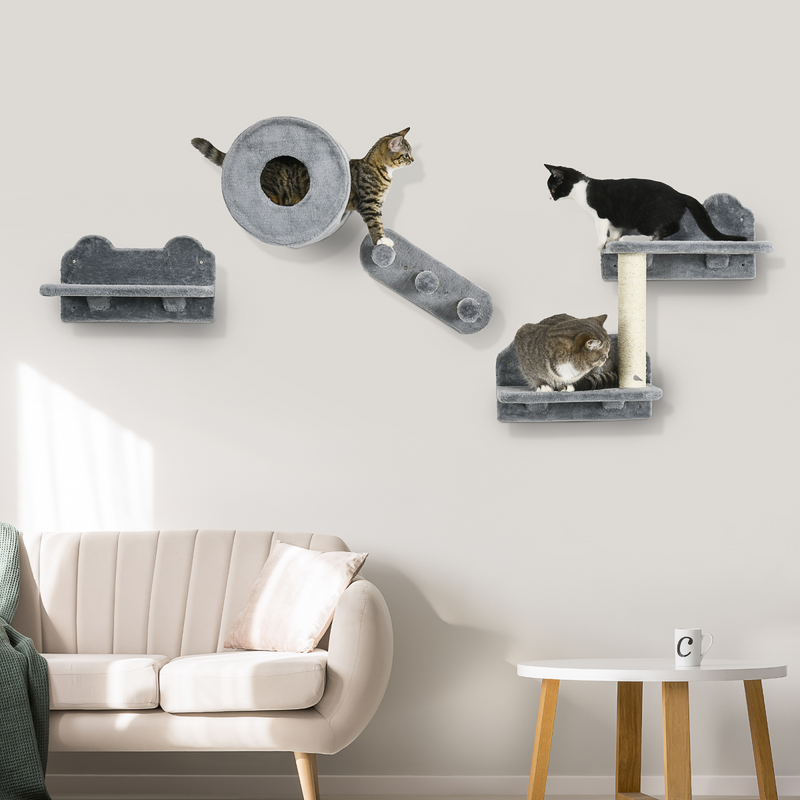 PawHut Cat Wall Furniture with Platforms, Steps, Perch, Cat House - Grey