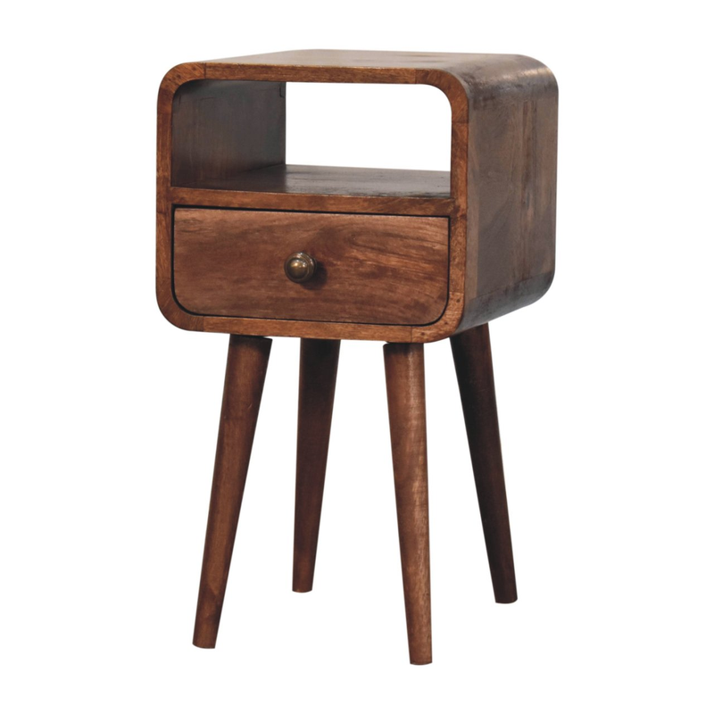 Artisan Furniture Solid Wood Mini Honey Caramel Curved Bedside, Drawer And Open Slot, Brown
