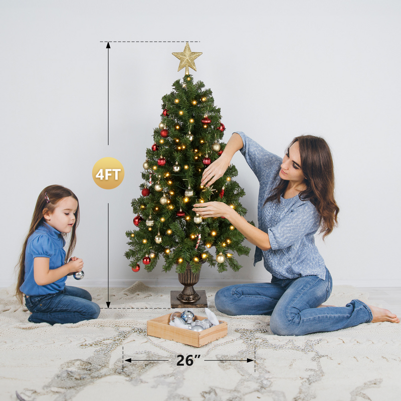 4 FT Pre-lit Artificial Christmas Tree with Trophy Shaped Base, Potted Xmas Tree with 120 Warm Lights, 211 Branch Tips and Remote Control for Holiday Party Office Home, Green