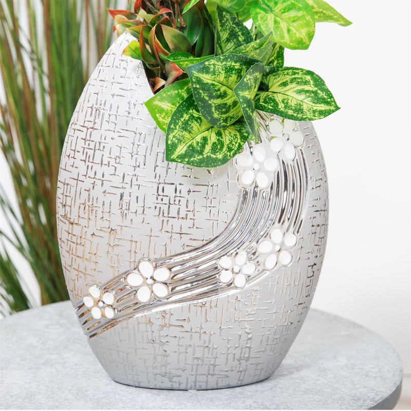 Metallic Oval Vase with White Flower 21cm
