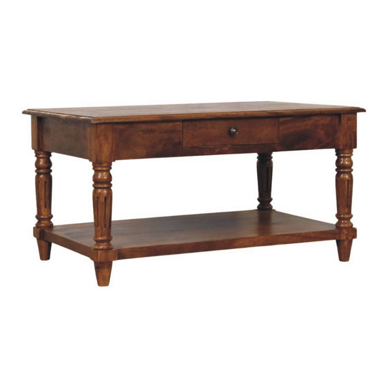 Artisan Furniture Solid Wood Turned Legs Chestnut Coffee Table, 2 Drawers and 1 Shelf, Dark Brown
