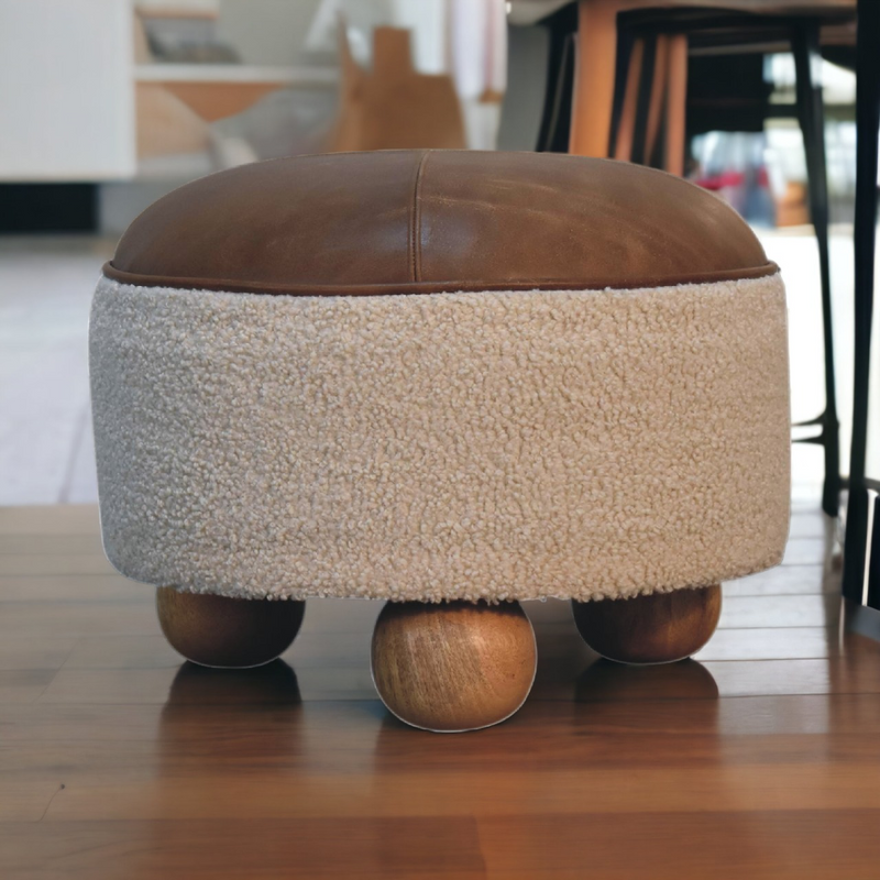 Artisan Furniture Solid Mango Wood Cream Boucle Buffalo Footstool