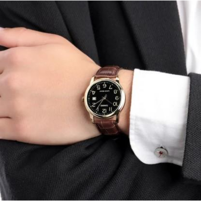 Casio Mens Basic Big Number Dated Black Dial Brown leather Strap watch
