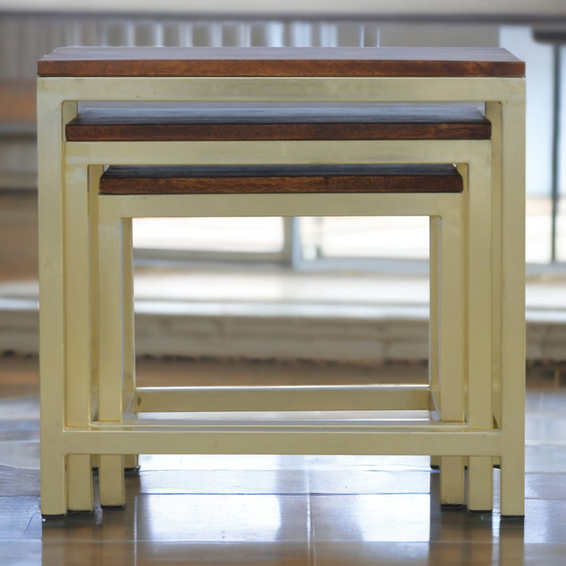 Artisan Furniture Solid Mango Wood Chunky Gold Stool Set of 3