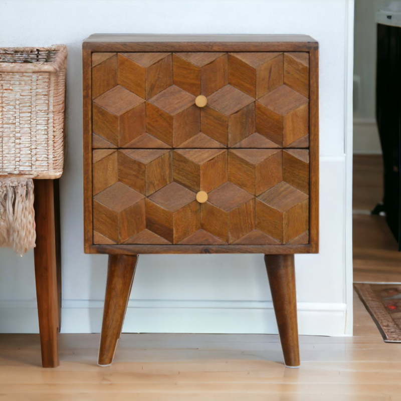 Artisan Furniture Solid Wood Chestnut Cube Carved Bedside