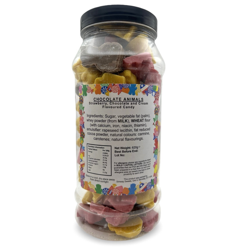 Chocolate Animal Shapes Milk, White & Pink Chocolate Retro Sweets Gift Jar - 620g