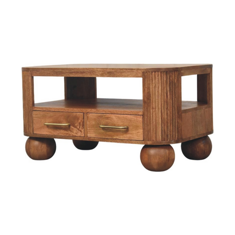 Artisan Furniture Solid Wood Briarwood Fluted Coffee Table, 2 Drawers, 1 Shelf, Beige