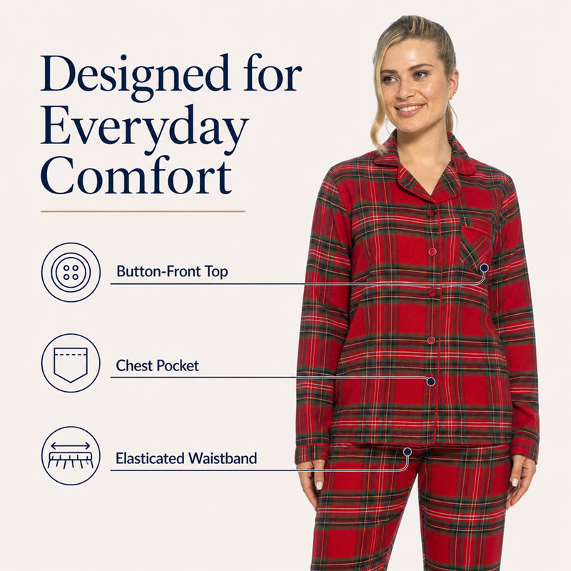 Women's Soft Brushed Cotton Flannelette Pajama Set with Elastic Waistband Cozy Check Pattern Sleepwear for All Seasons Small to XLarge by Daisy Dreamer