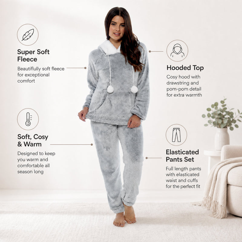 Women's Plush Fleece Hooded Pyjama Set Shimmer Grey Super Soft Fabric Elasticated Waistband Sherpa Edging Cozy Sleepwear Small to X Large by Daisy Dreamer