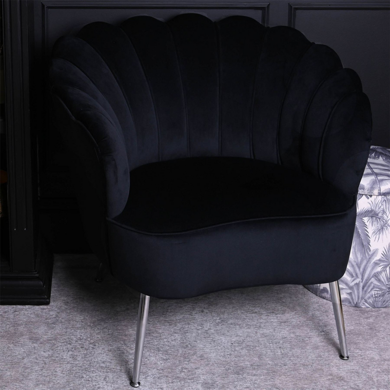 Black Scalloped Cocktail Chair with Chrome Legs