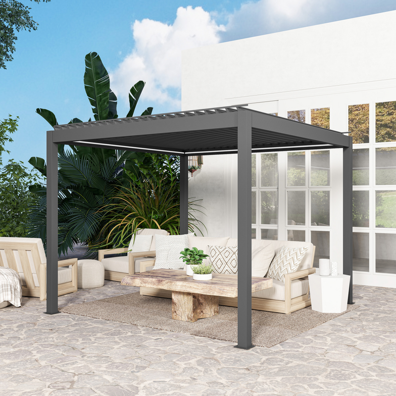 Outsunny 3 x 3(m) Electric Louvered Pergola Aluminium Pergola w/ LED Light
