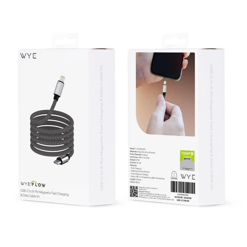 WYEFLOW USB-C to 8 Pin Magnetic 27W Fast Charging & Data Cable 1m