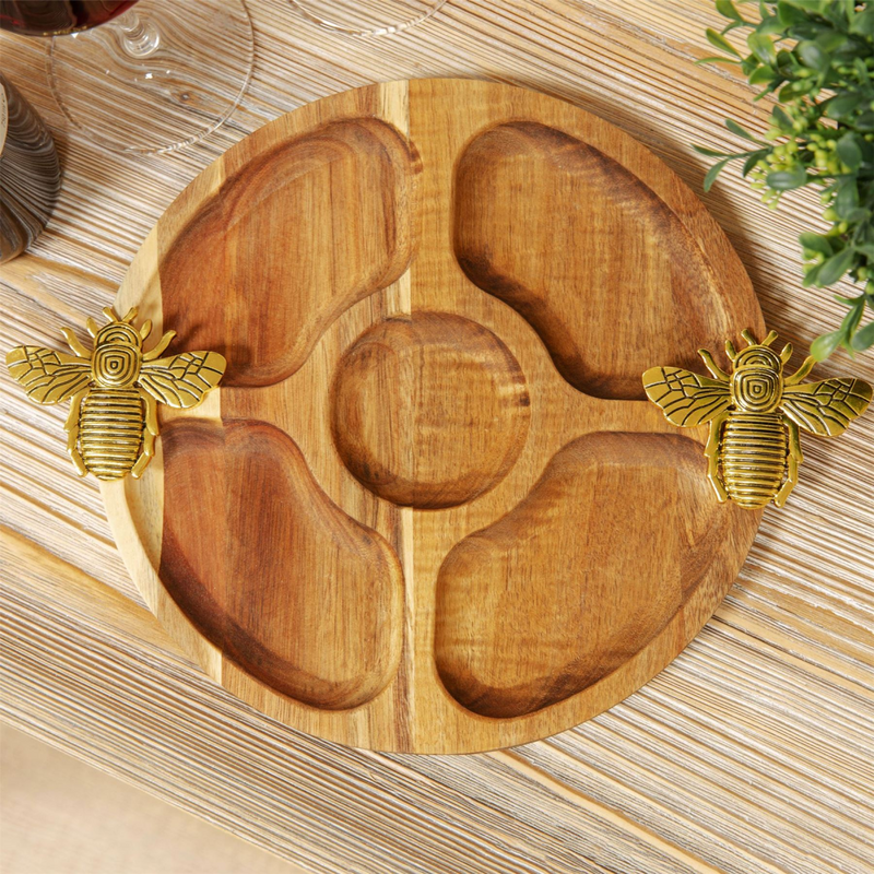 Round Acacia Nibbles Tray Gold Bee Design