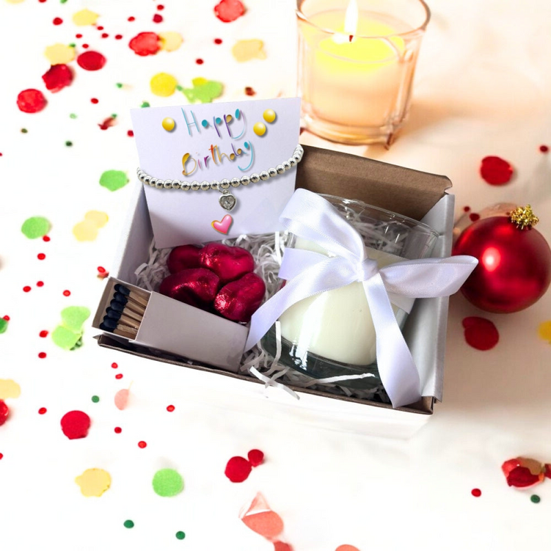 Small Happy Birthday Gift Hamper - Cubic Zirconia Heart Bracelet, Chocolates & Candle