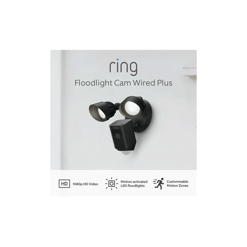 Ring Floodlight Cam Wired Plus Outdoor Security Camera 1080p HD Video Black