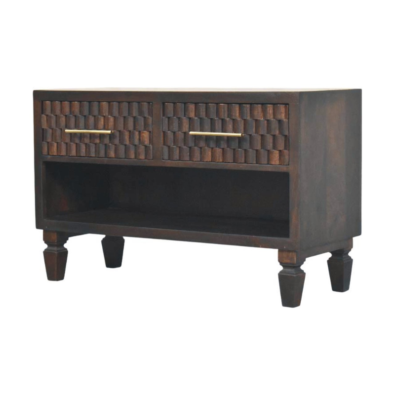 Artisan Furniture Solid Wood Cadiz Carved Shoe Storage Bench, 2 Drawers & 1 Shelf, Dark Brown