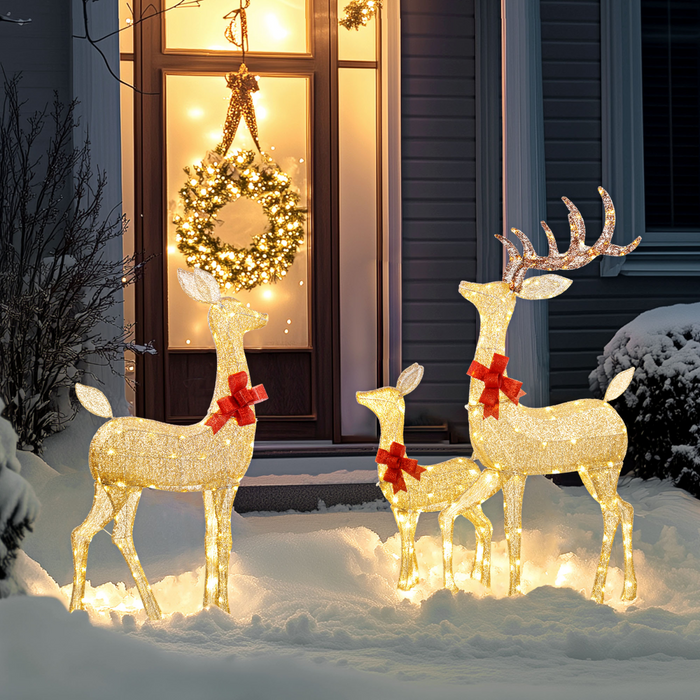 Outsunny 3-Piece Light Up Christmas Deer Family Set of 3 for Lawn Gold Tone