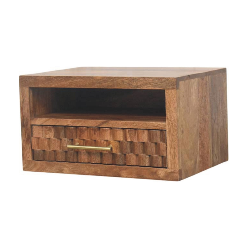 Artisan Furniture Solid Wood Arno Wall-Mounted Nightstand in Golden Teak, Drawer And Open Shelf, Brown