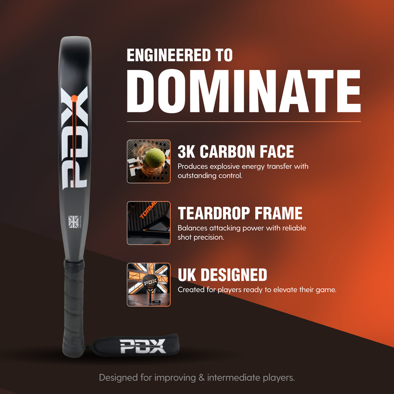 PDX Tormenta Intermediate Padel Racket | Complimentary Racket Carrier Bag | Full Carbon Fibre | 365g Diamond | Power