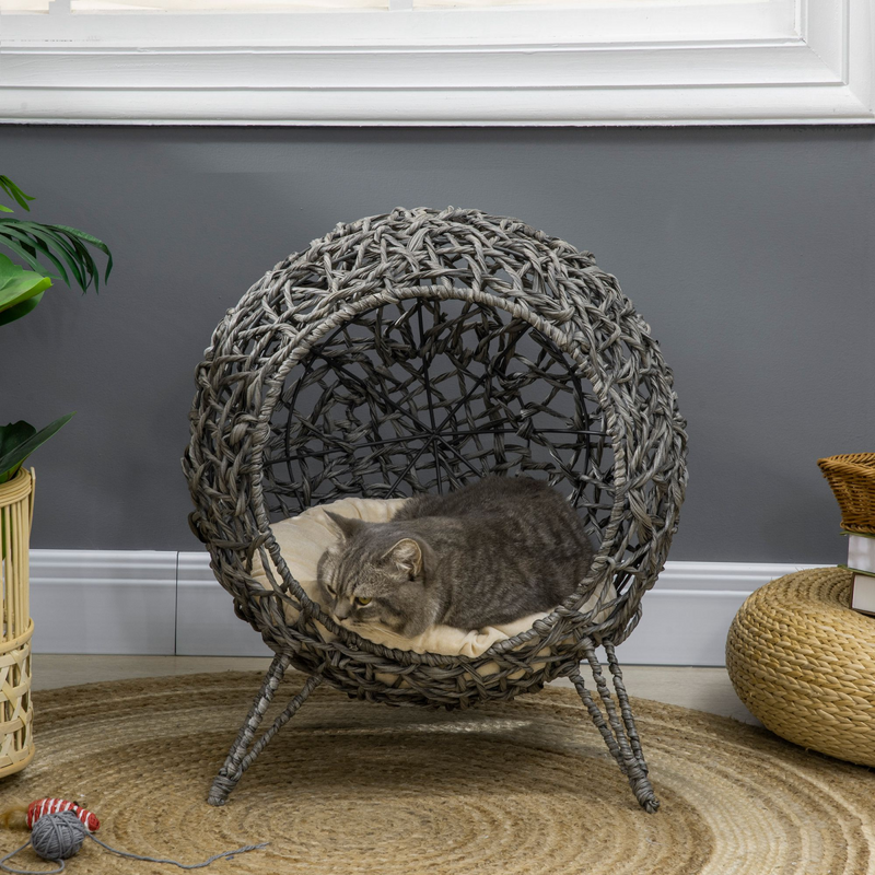 Rattan Elevated Cat House Kitten Bed Pet Furniture w/ Cushion Grey