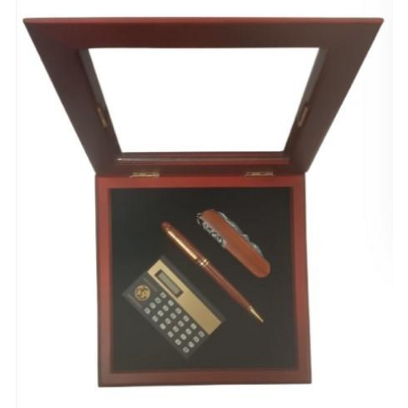 Imperial Mini Calculator & Pocket Knife Set with Wood Matt Brown Gold Trim Ball Pen IMP366 Clock Gift Set - CLEARANCE NEEDS RE-BATTERY & Refill