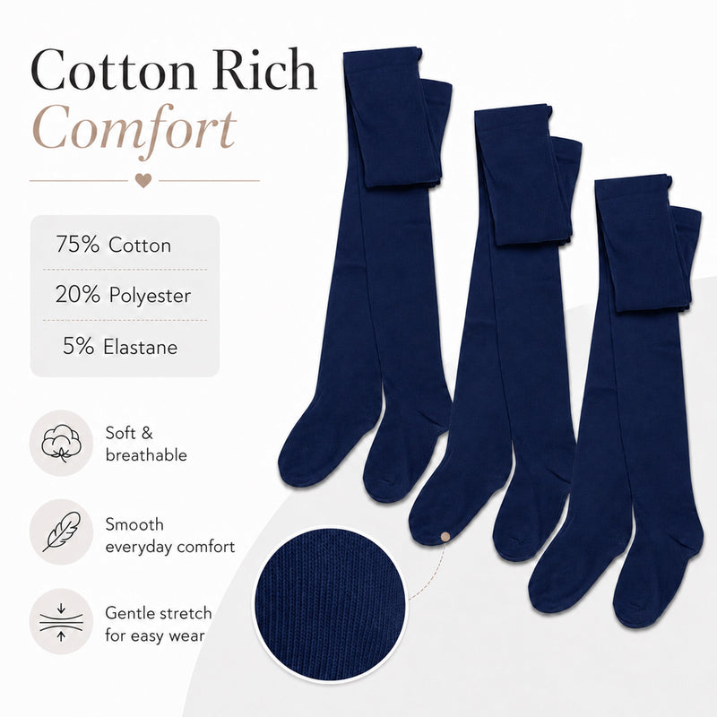 3 Pairs Girls Cotton Lycra Back To School Tights Cotton Rich Long Socks Stylish Comfortable Durable For Uniforms Everyday Wear Ages 3-12 Years by Sock Stack
