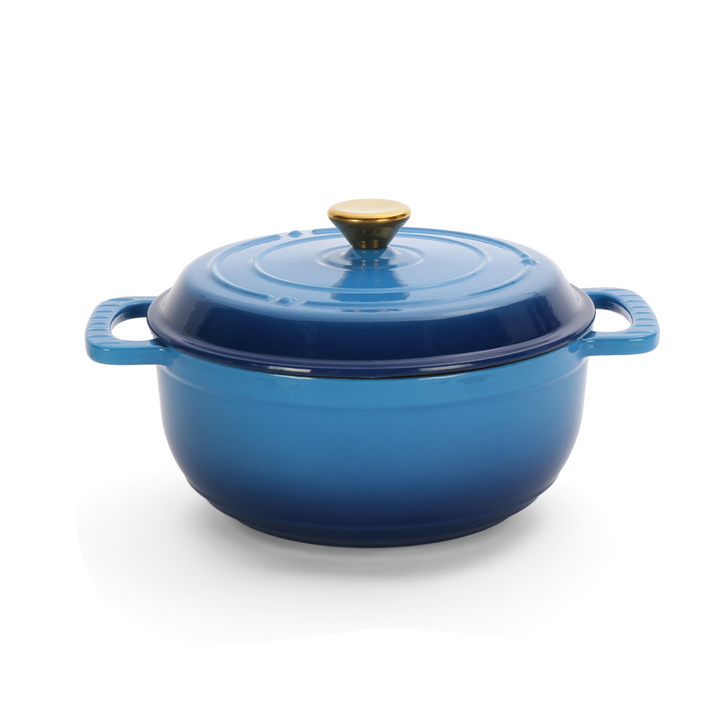 Cast iron 5QT cooking pot - Gradient blue - Includes two silicone gloves - Enamel pot