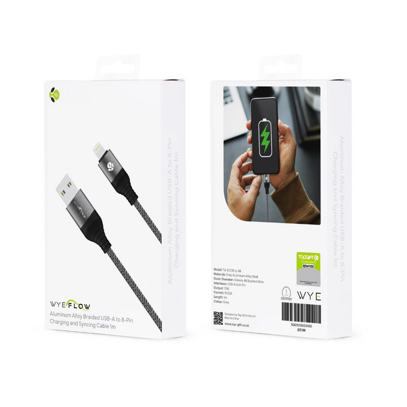 WYEFLOW Aluminum Alloy Braided USB-A to 8-Pin Charging and Syncing Cable 1m