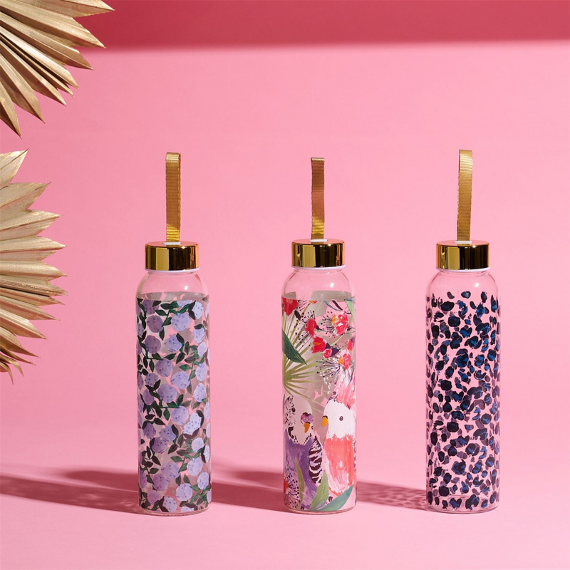 Frida 420ml Glass Water Bottle Multi Coloured - Budgie