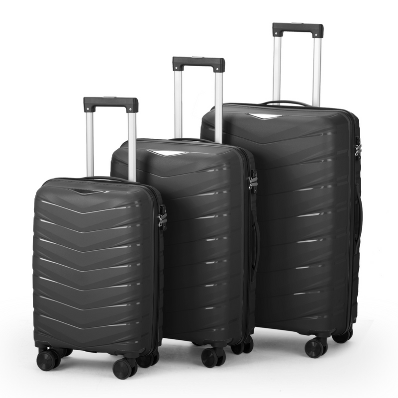 V-striped 3-in-1 PP trolley case 20in 24in 28in PP iron trolley classic colour - black (grained pattern)