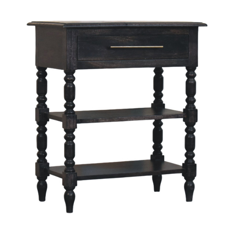 Artisan Furniture Solid Wood Heritage Turned-Leg Side Table, 1 Drawer & 2 Shelves, Black