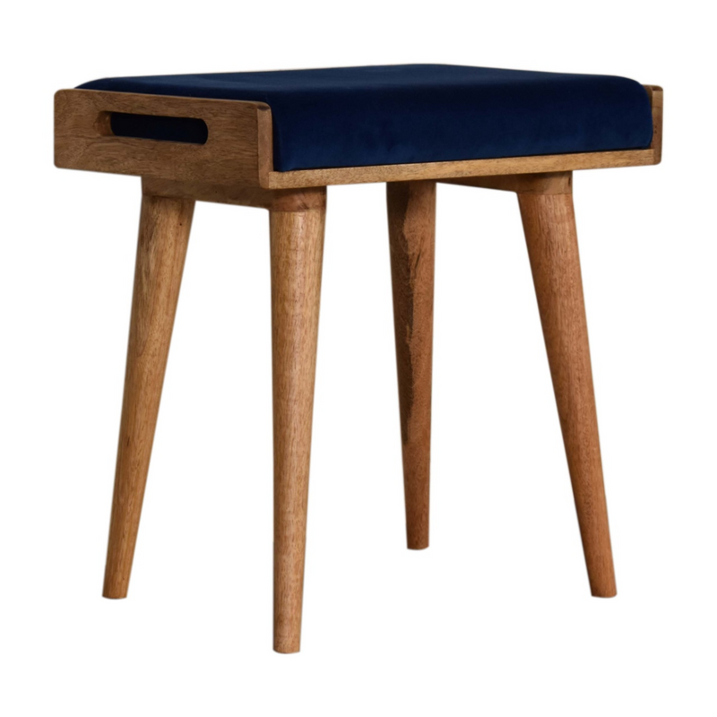 Artisan Furniture Solid Wood Upholstered Royal Blue Velvet Tray Footstool, Beige