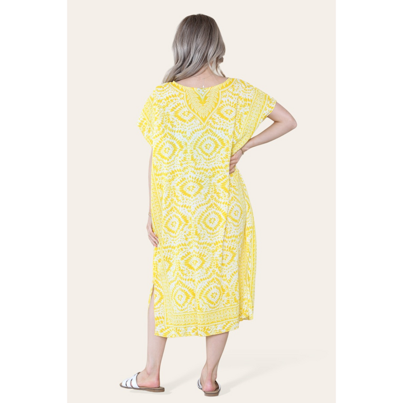 Mid-length long dress with V-neck and tie-dye print