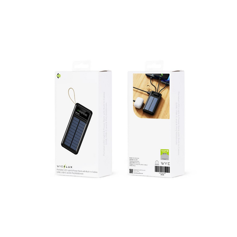 WYEFLUX 10000mAh Portable LED Light & Power Bank with Built-In Cables (USB, USB-C and 8-Pin)